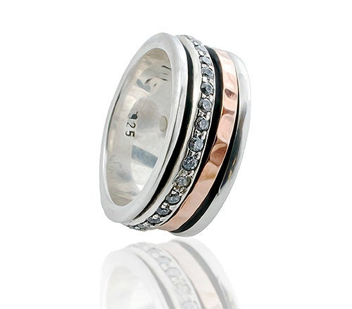 Mixed metal Ring 3.2 Carat White Cubic Zirconia Stone Two Tone Solid 9k Rose Gold &amp; 925 Sterling Silver Spinner Ring Hammered Silver Ring