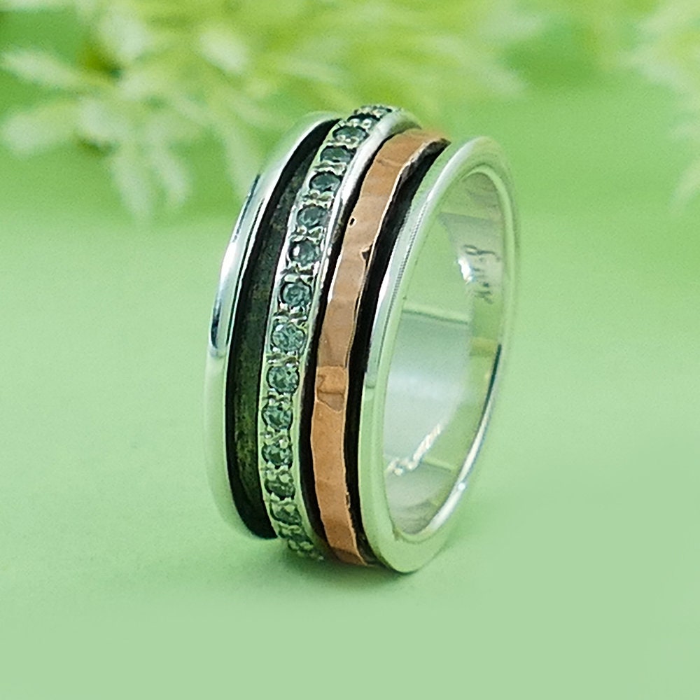 Mixed metal Ring 3.2 Carat White Cubic Zirconia Stone Two Tone Solid 9k Rose Gold &amp; 925 Sterling Silver Spinner Ring Hammered Silver Ring