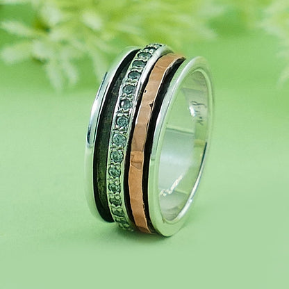 Mixed metal Ring 3.2 Carat White Cubic Zirconia Stone Two Tone Solid 9k Rose Gold &amp; 925 Sterling Silver Spinner Ring Hammered Silver Ring