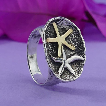 Ocean Opulence: Two-Tone Starfish Oxidied Statement Ring