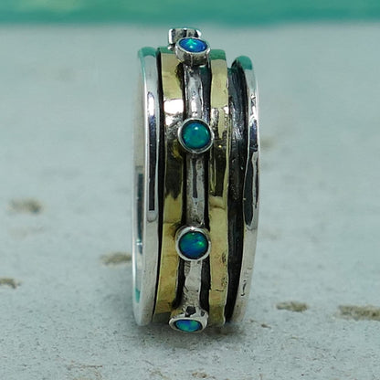 Colorful Spin: Opal Gemstone Two-Tone Spinner Ring