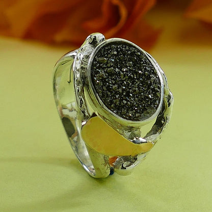 Unique Gray Druzy Quartz Two Tone Ring 925 Silver and Solid 9 karat Yellow Gold