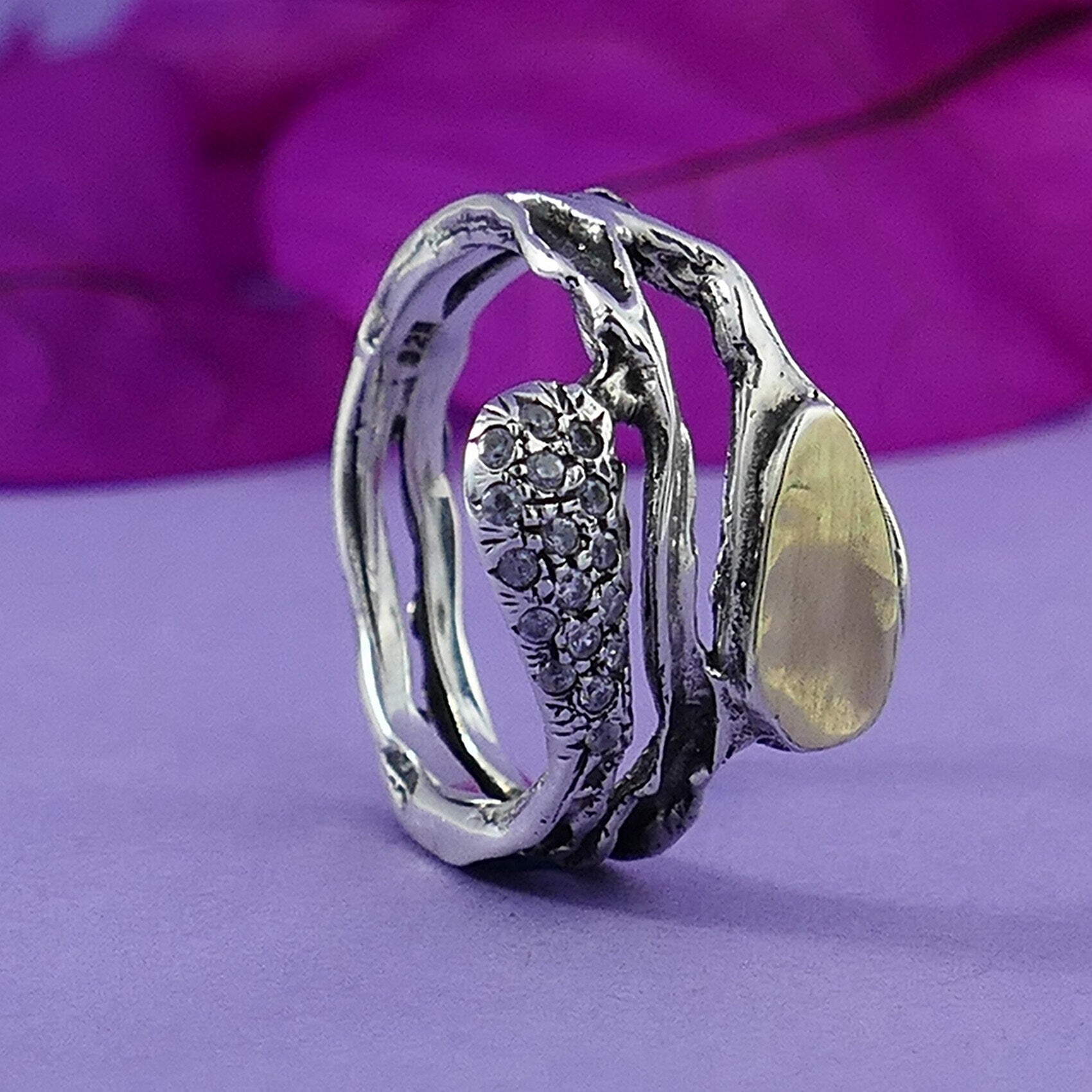 Unique Mixed metal Statement Ring Two Tone Solid 9k Yellow Gold and 925 Sterling Silver Cubic Zirconia Stone Set Setting,Ring Made in Israel