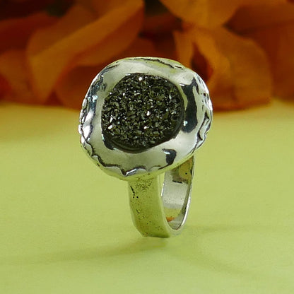 Druzy Silver Ring 4 Carat Gray Agate Druzy Stone 925 Sterling Silver Solitaire Ring Set Setting Gemstone Ring Bohemian ring, Hippie Ring