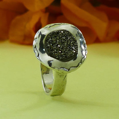 Druzy Silver Ring 4 Carat Gray Agate Druzy Stone 925 Sterling Silver Solitaire Ring Set Setting Gemstone Ring Bohemian ring, Hippie Ring