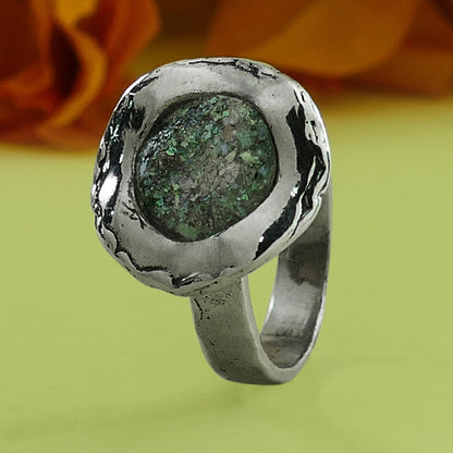 SPIRA Unique Handcrafted Green Roman Glass 925 Sterling Silver Solitaire Ring Set Setting Gypsy ring, Bohemian ring, Hippie ring, Boho ring