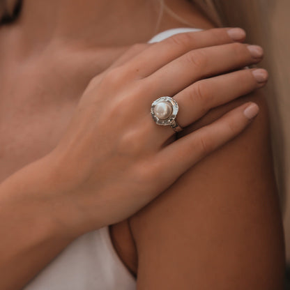 Unique White Pearl Statment Ring 925 Sterling Silver