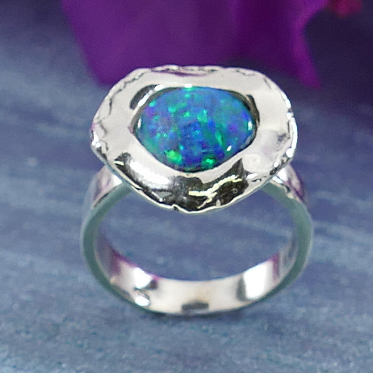 Handcrafted Opal Silver Ring 2.2 Carat Blue Opal Stone 925 Sterling Silver Solitaire Ring Set Setting Gypsy ring, Bohemian ring, Hippie ring