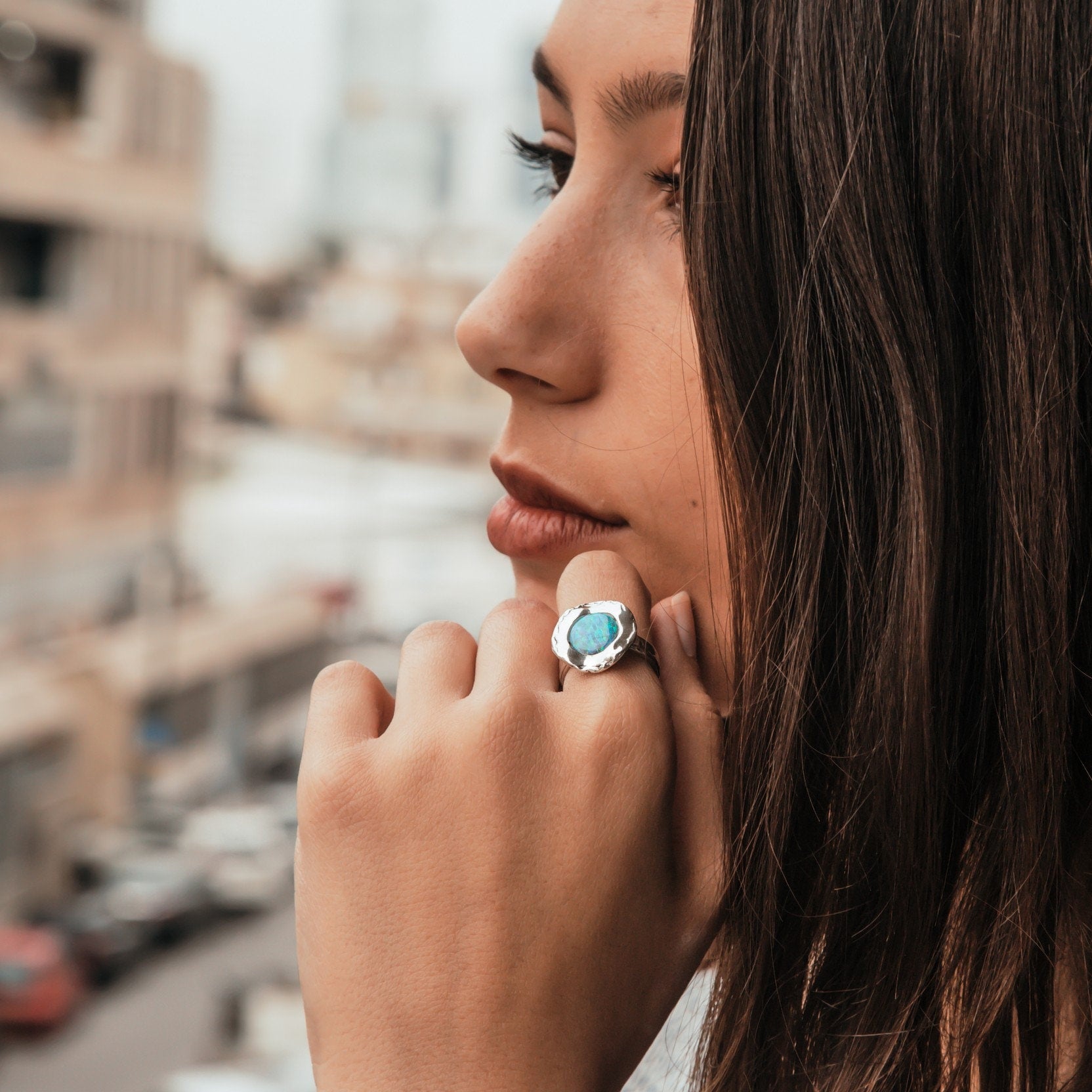 Handcrafted Opal Silver Ring 2.2 Carat Blue Opal Stone 925 Sterling Silver Solitaire Ring Set Setting Gypsy ring, Bohemian ring, Hippie ring