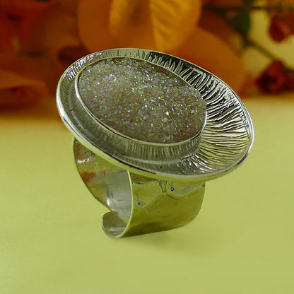 White Agate Druzy Quartz Large Adjustable Ring 925 Sterling Silver