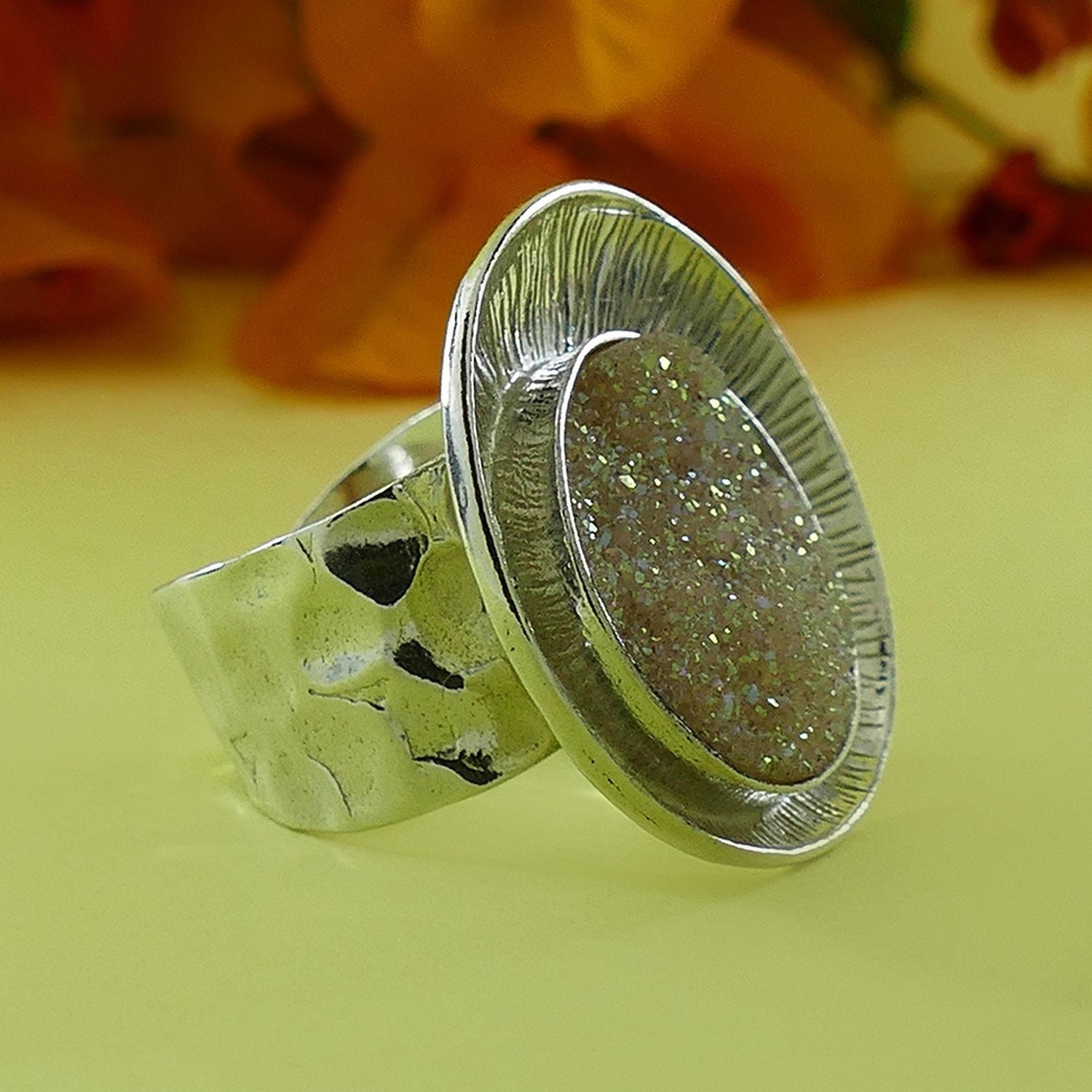 White Agate Druzy Quartz Large Adjustable Ring 925 Sterling Silver