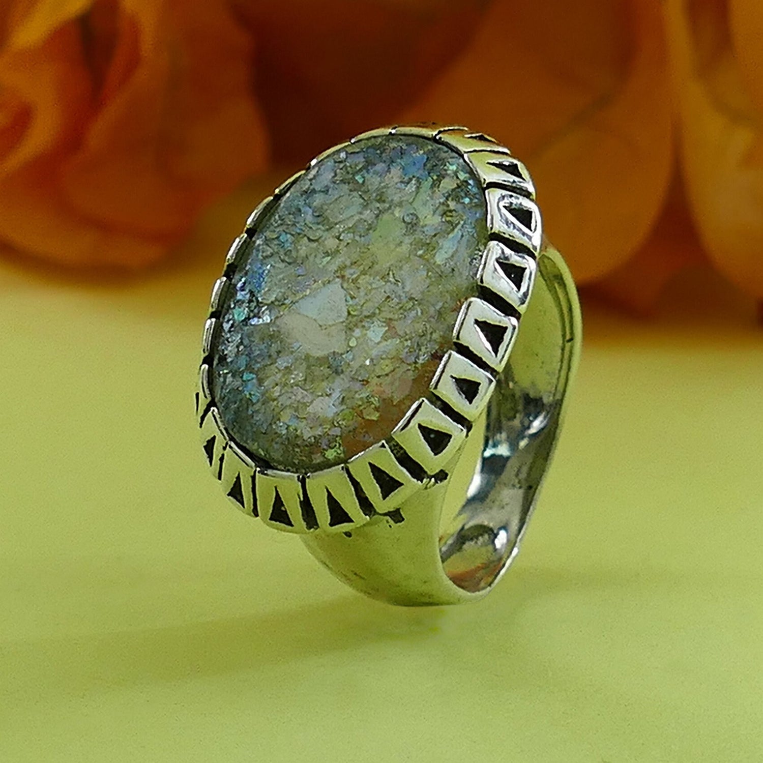 SPIRA Handcrafted Green Roman Glass 925 Sterling Silver Handmade Statement Ring Set Setting, Gypsy ring, Bohemian ring,Hippie ring,Boho ring