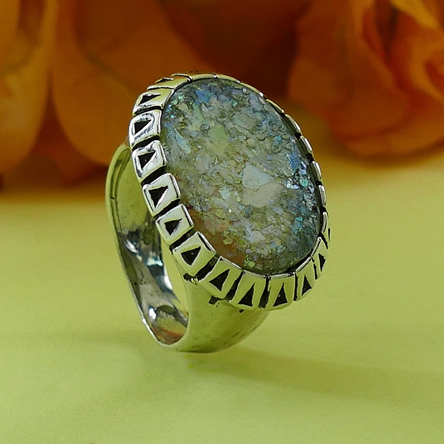 SPIRA Handcrafted Green Roman Glass 925 Sterling Silver Handmade Statement Ring Set Setting, Gypsy ring, Bohemian ring,Hippie ring,Boho ring