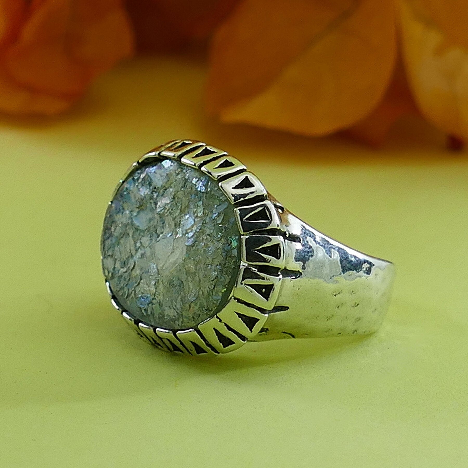 SPIRA Handcrafted Green Roman Glass 925 Sterling Silver Handmade Statement Ring Set Setting, Gypsy ring, Bohemian ring,Hippie ring,Boho ring