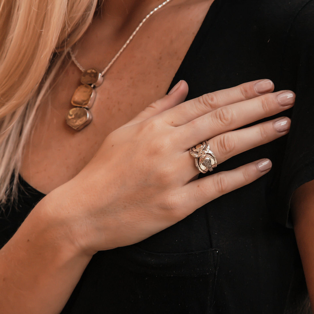 Mixed metal Statement Ring Two Tone Solid 9k Yellow Gold and 925 Sterling Silver White Cubic Zirconia Stone Set Setting, Unique Silver Ring