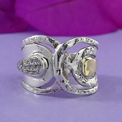 Mixed metal Statement Ring Two Tone Solid 9k Yellow Gold and 925 Sterling Silver White Cubic Zirconia Stone Set Setting, Unique Silver Ring