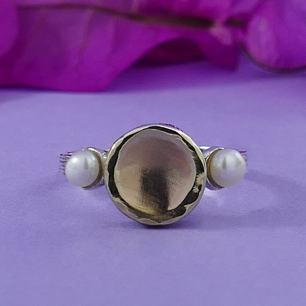 0.3 Carat Natural White Pearl Gemstone Two Tone Solid 9k Yellow Gold &amp; 925 Sterling Silver Solitaire with Accents RingSetting Gemstone ring