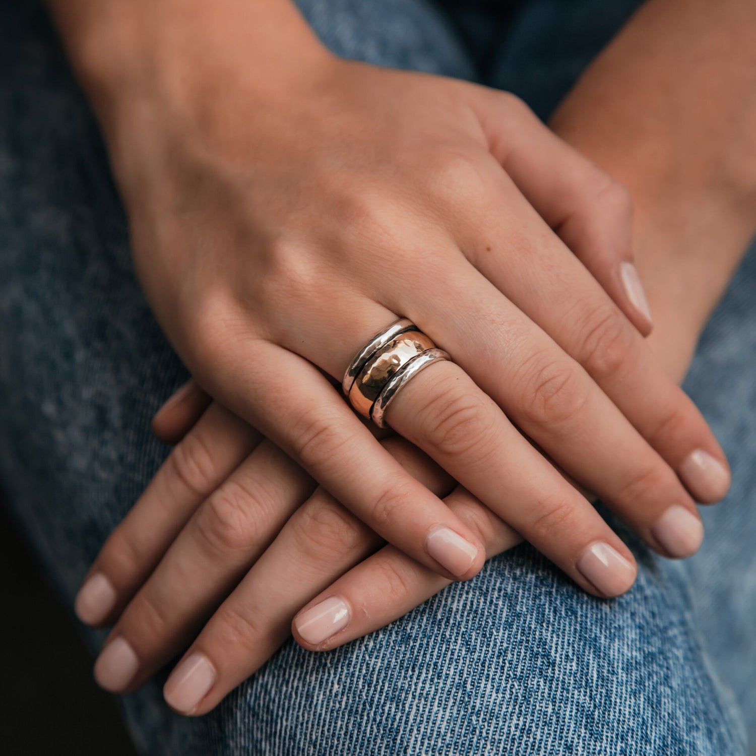 Handcrafted Contemporary Design Two Tone Solid 9k Yellow Gold And 925 Sterling Silver Spinner Ring Weight gr.: 8.4 Width mm: 12 Metal Purity: 9k Thickness mm: 2