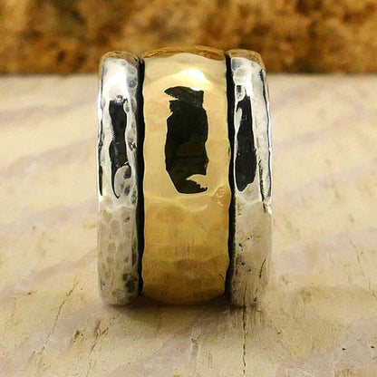 Handcrafted Unique Hammered Mixed metal Ring Solid Gold Spinner Ring Two Tone Solid 9k Yellow Gold And 925 Sterling Silver Statement Ring