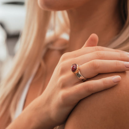 Natural Red Ruby Gemstone Two Tone Solid 9k Yellow Gold &amp; 925 Sterling Silver Solitaire Ring Main Stone: Ruby Main Stone Creation: Natural Total Carat Weight (TCW): 5.2 Thickness mm: 2 Hight Above The Finger mm: 10 Width mm: 6.5 Weight gr.: 8.6