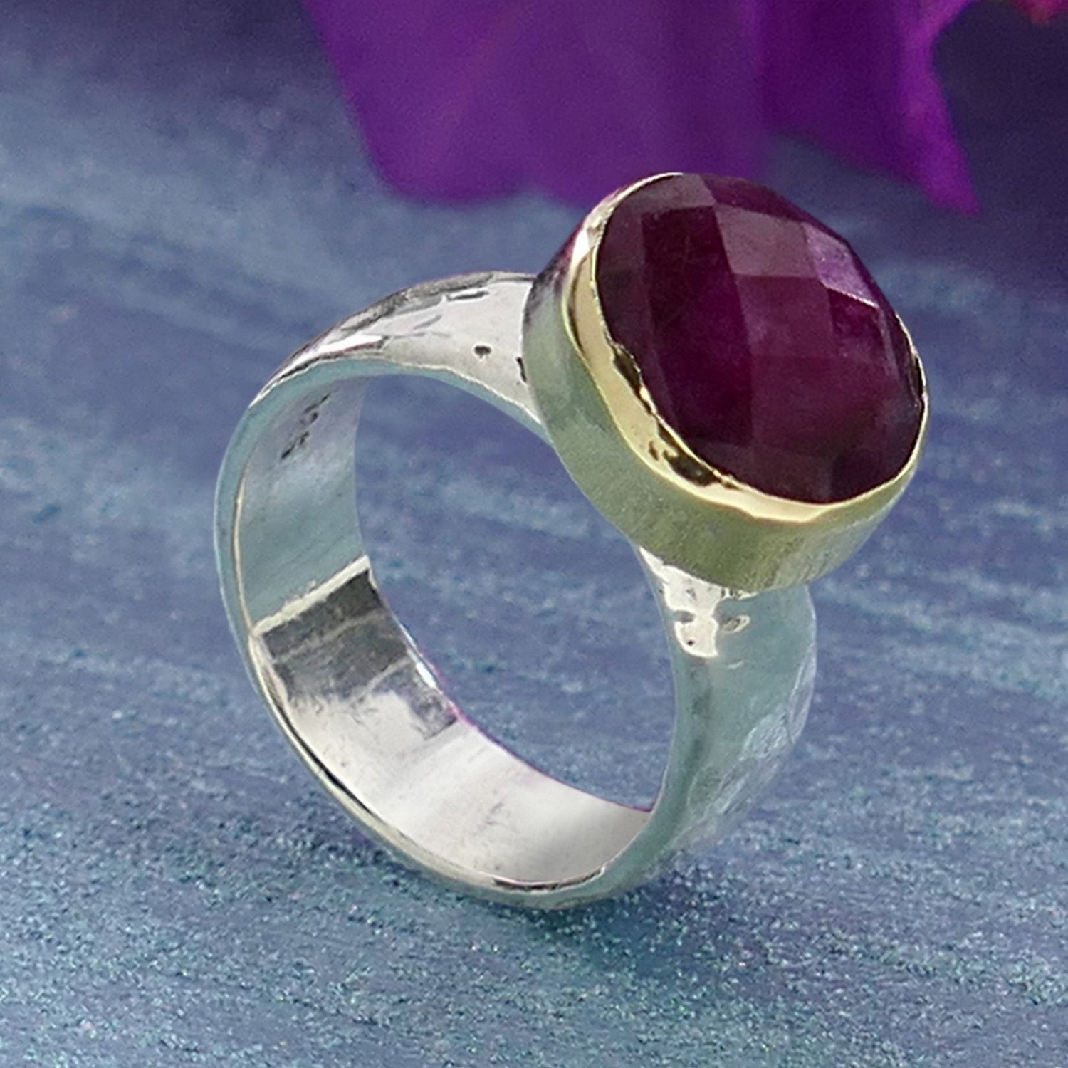 Ruby Mixed Metal Ring 5.2 Carat Natural Red Ruby Gemstone Two Tone Solid 9k Yellow Gold and 925 Sterling Silver Solitaire Ring Bohemian ring