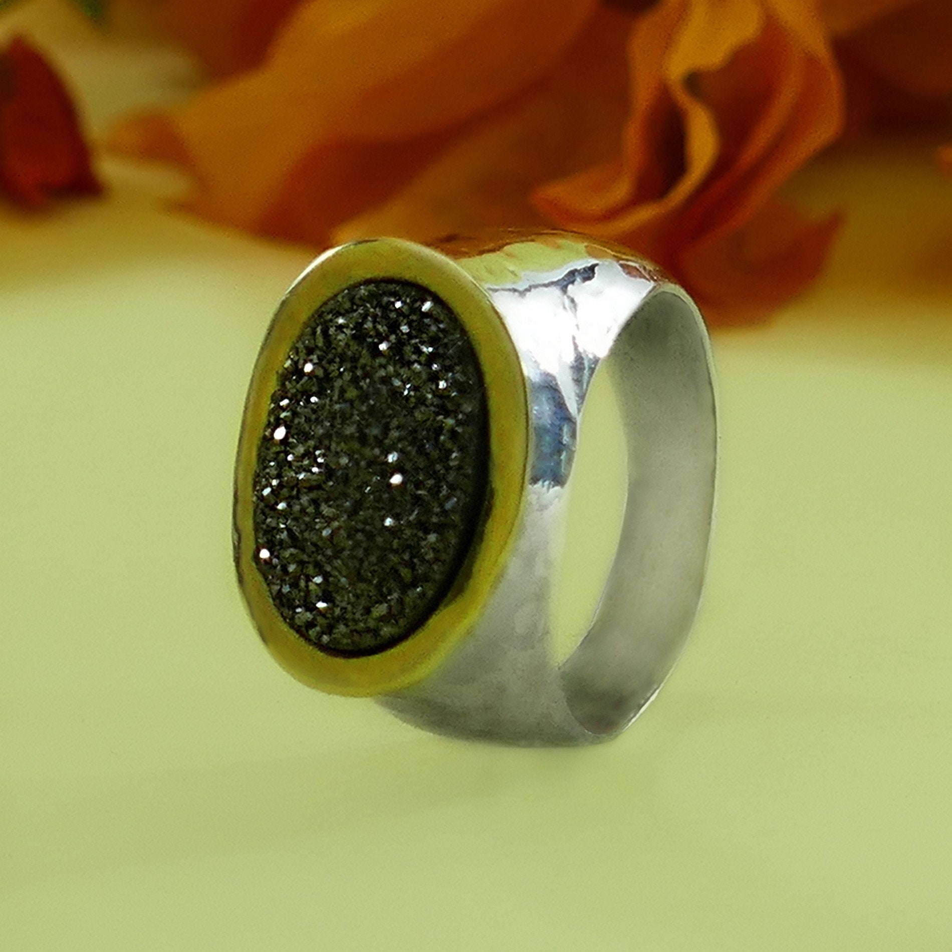 Gray Agate Druzy Statment Ring Mixed metal 925 Sterling Silver and Solid 9 karat Yellow Gold