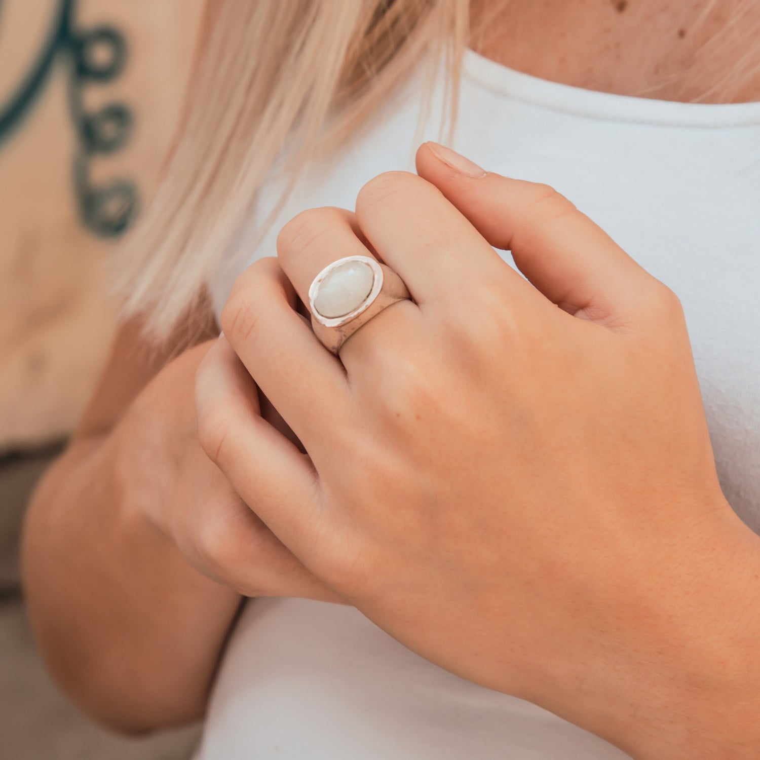 Moonstone Statment Ring Two Tone Solid 9 karat Rose Gold and 925 Sterling Silver