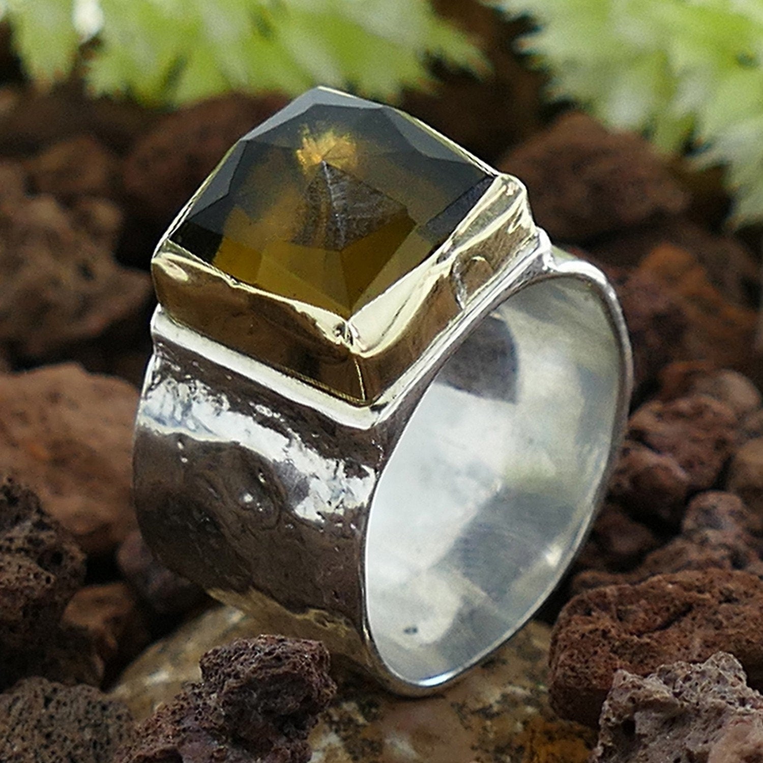 Natural Brown Smoky Quartz Gemstone Two Tone Solid 9k Yellow Gold &amp; 925 Sterling Silver Solitaire Ring Total Carat Weight (TCW): 8.6 Front Width mm: 14 Back Width mm: 13 Thickness mm: 1.5 Hight Above The Finger mm: 8 Weight gr.: 12.3