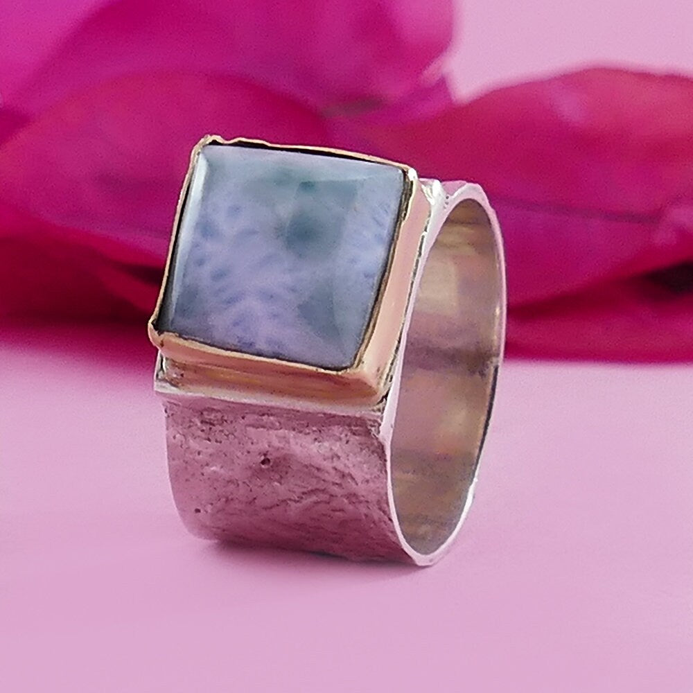 Natural Blue Larimar Mixed Metal Ring Two Tone Solid 9 karat Yellow Gold and 925 Sterling Silver