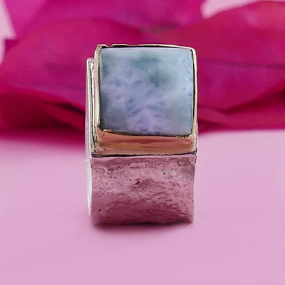 Natural Blue Larimar Mixed Metal Ring Two Tone Solid 9 karat Yellow Gold and 925 Sterling Silver