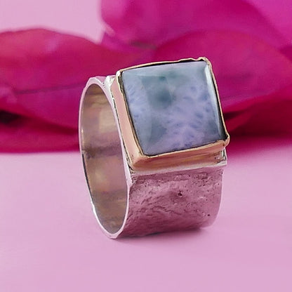 Natural Blue Larimar Mixed Metal Ring Two Tone Solid 9 karat Yellow Gold and 925 Sterling Silver