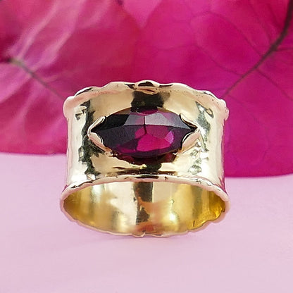 Handmade 14 karat Yellow Gold Red Garnet Statment Ring