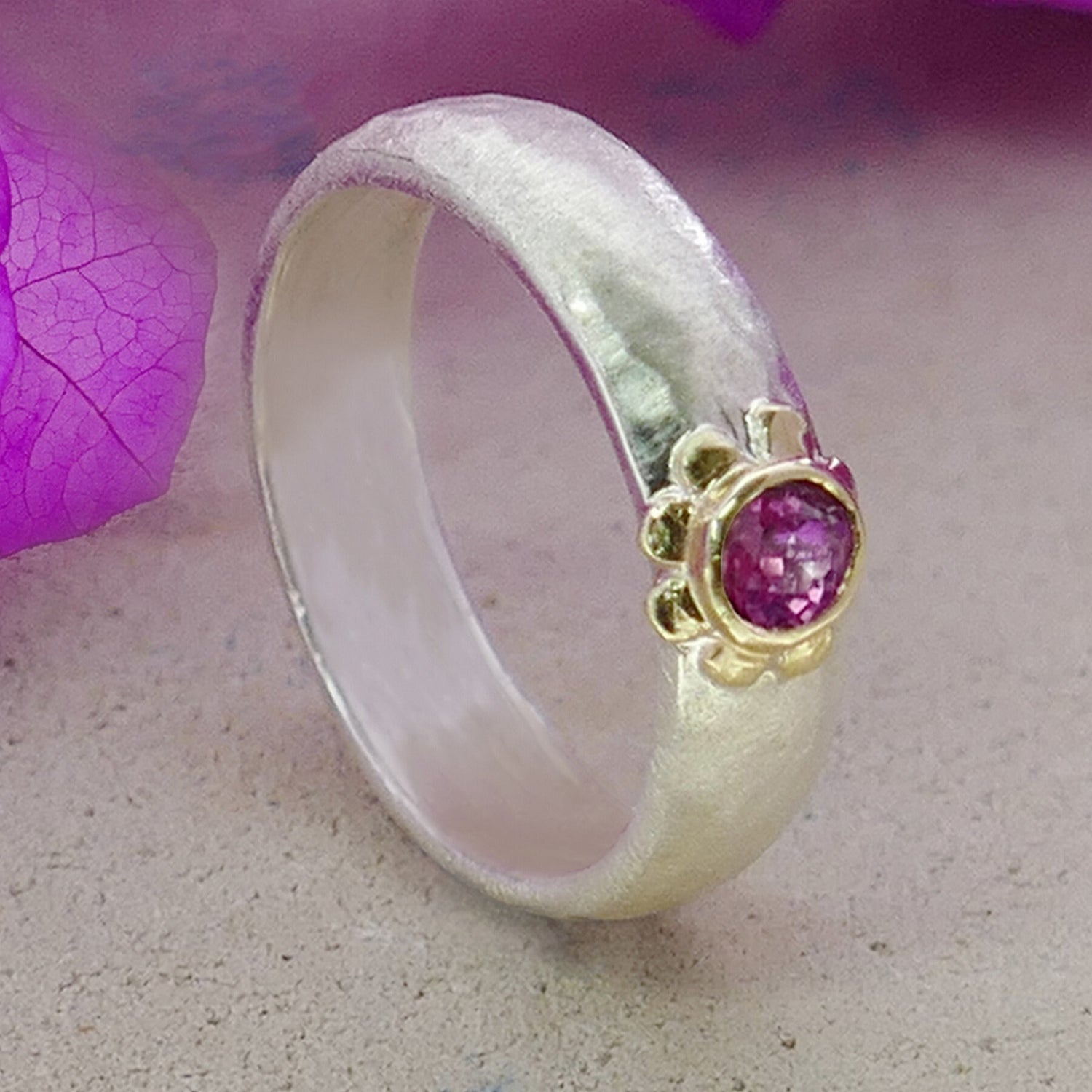 Tourmaline Mixed Metal Ring Natural Pink Tourmaline Gemstone Two Tone Solid 9k Yellow Gold &amp; 925 Sterling Silver Solitaire Ring