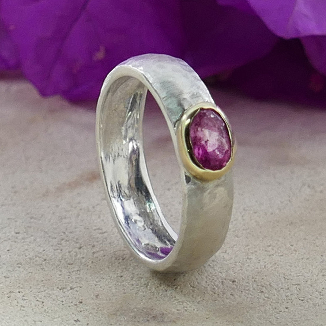 0.4 Carat Natural Pink Tourmaline Gemstone Two Tone Solid 9k Yellow Gold&925 Sterling Silver Solitaire Ring Gemstone ring Mixed metal ring