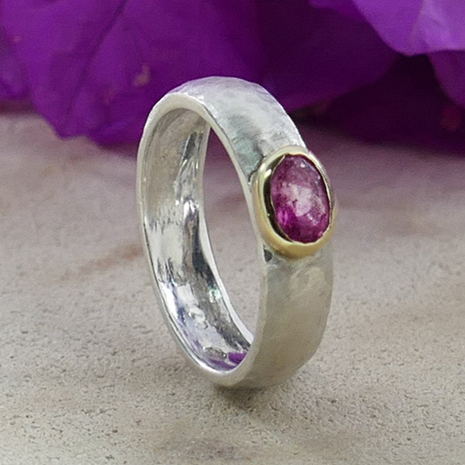 0.4 Carat Natural Pink Tourmaline Gemstone Two Tone Solid 9k Yellow Gold&amp;925 Sterling Silver Solitaire Ring Gemstone ring Mixed metal ring