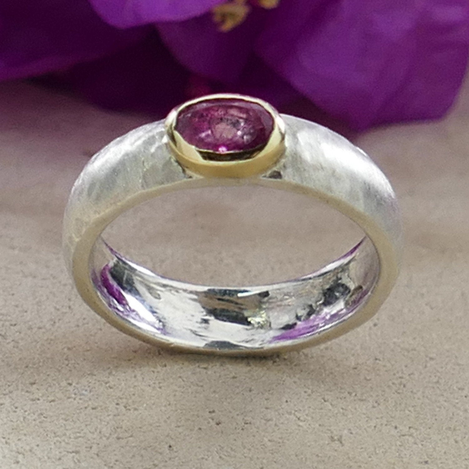 0.4 Carat Natural Pink Tourmaline Gemstone Two Tone Solid 9k Yellow Gold&amp;925 Sterling Silver Solitaire Ring Gemstone ring Mixed metal ring