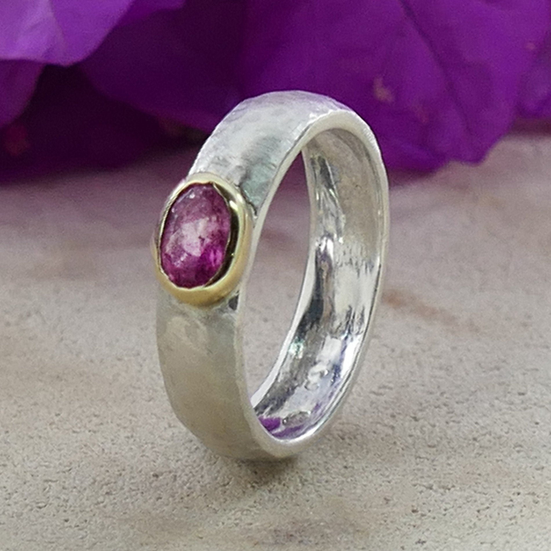 0.4 Carat Natural Pink Tourmaline Gemstone Two Tone Solid 9k Yellow Gold&amp;925 Sterling Silver Solitaire Ring Gemstone ring Mixed metal ring