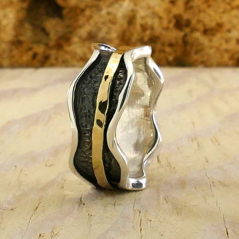 SPIRA Handcrafted Two Tone Solid 9k Yellow Gold And 925 Sterling Silver Spinner Ring Weight gr.: 4.5 Width mm: 7.5 Metal Purity: 9k