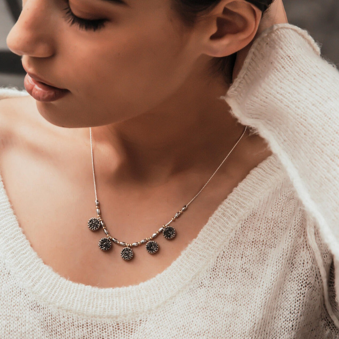 Unique Gray Agate Druzy Necklace Two Tone 925 Sterling Silver and 14k Yellow Gold Filled