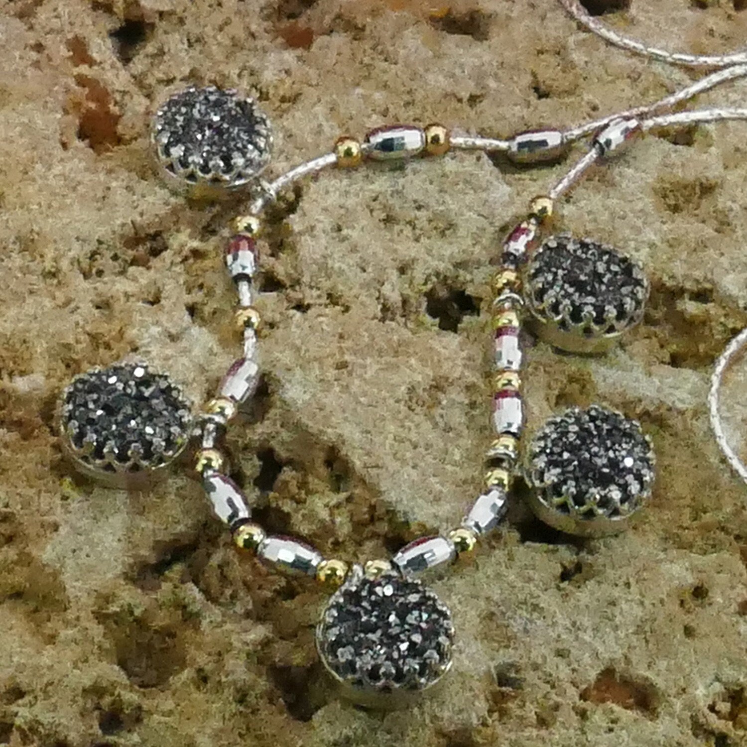 Unique Gray Agate Druzy Necklace Two Tone 925 Sterling Silver and 14k Yellow Gold Filled