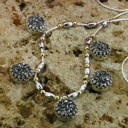 Unique Gray Agate Druzy Necklace Two Tone 925 Sterling Silver and 14k Yellow Gold Filled