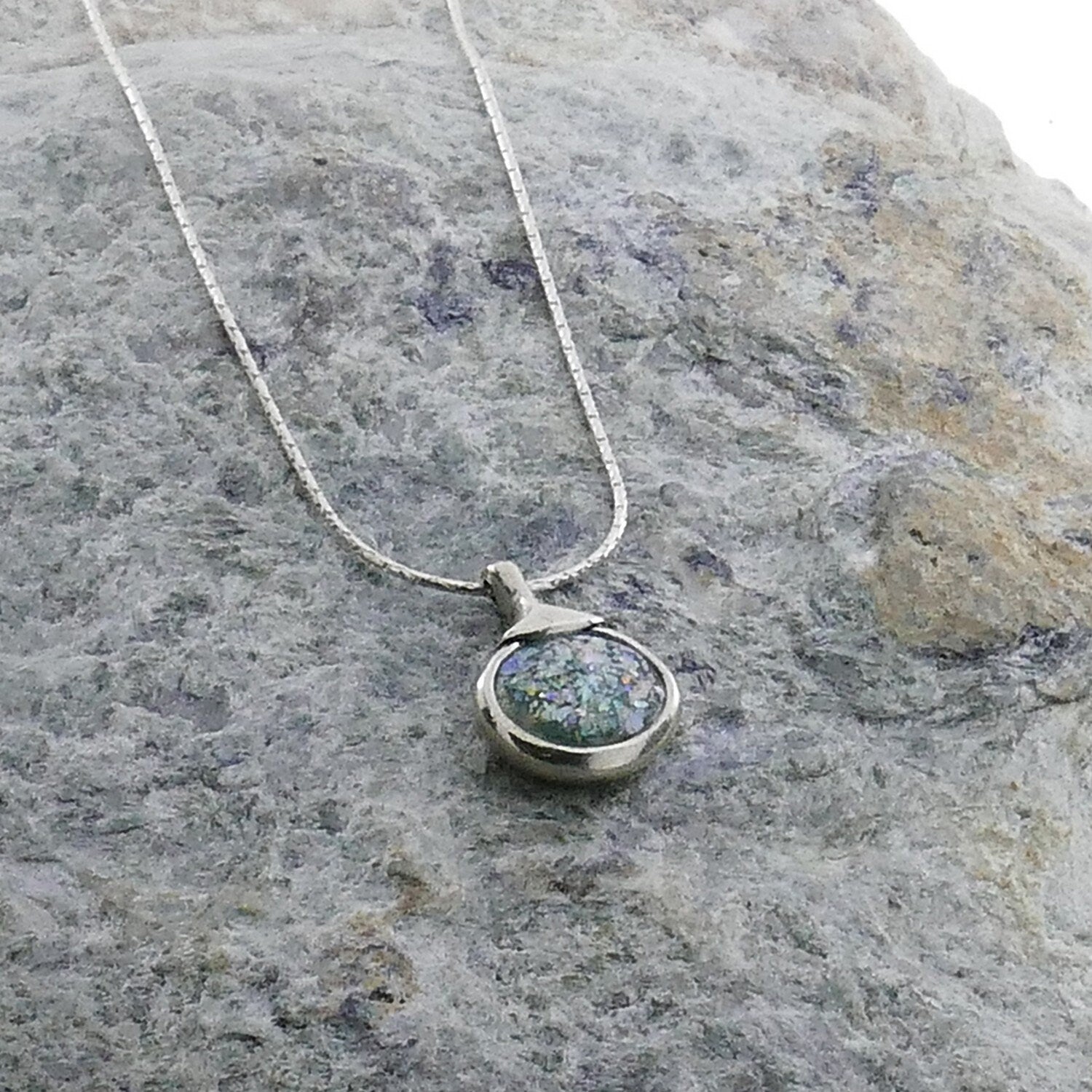 SPIRA Handcrafted 925 Sterling Silver Green Roman Glass Rope Pendant Chain Fast and Free Shipping,Casual Silver Necklace Ancient Roman Glass