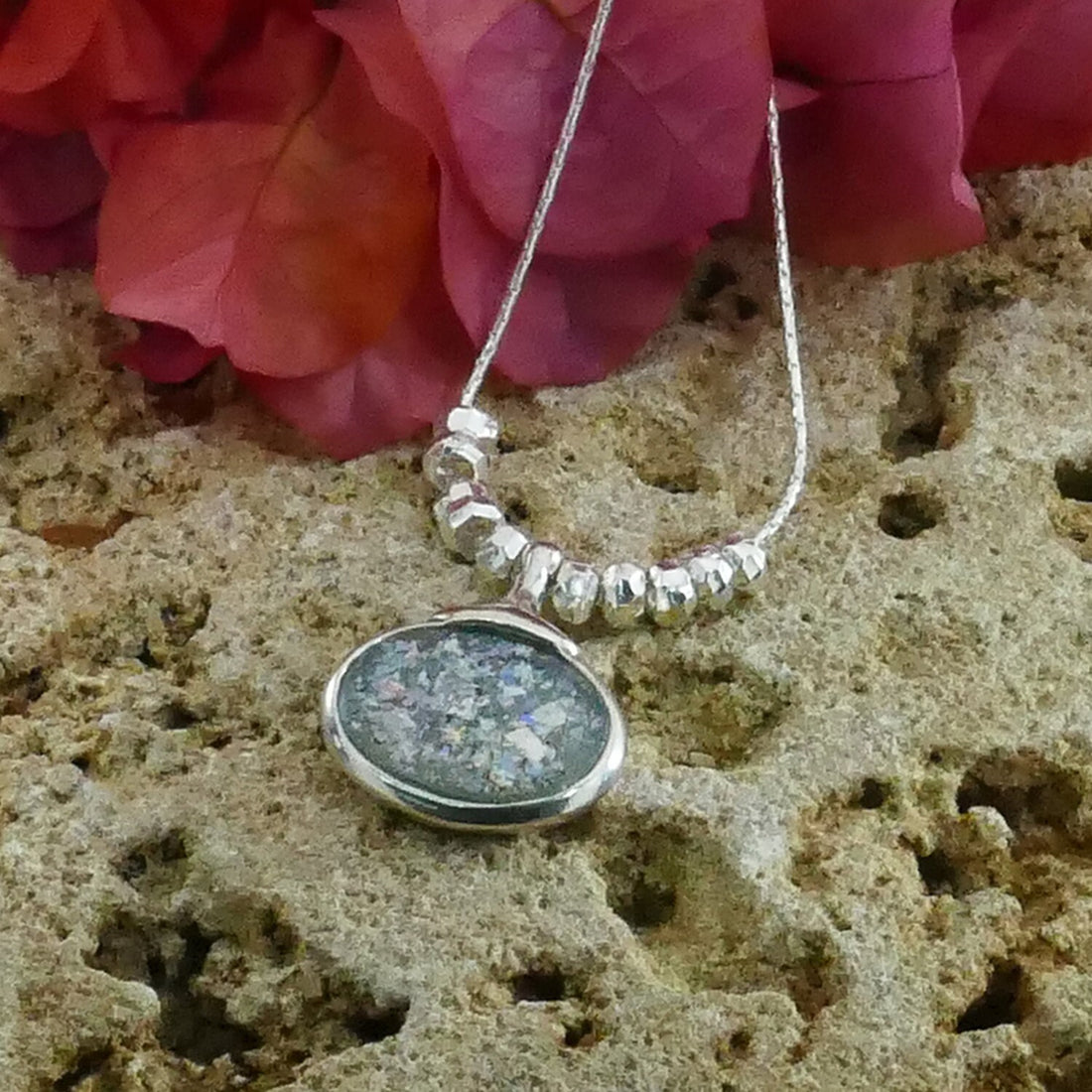 SPIRA Handcrafted 925 Sterling Silver Green Roman Glass Pendant - Boho Chic Rope Chain Necklace