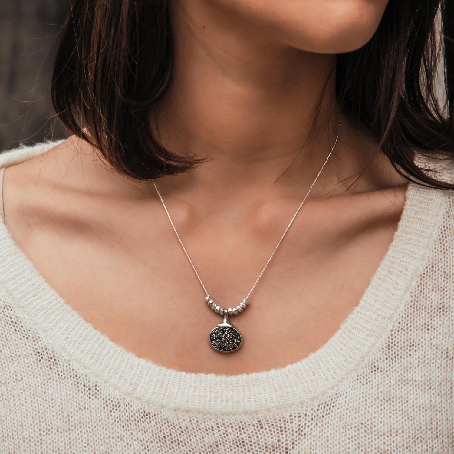 Luminous Aura: Druzy Quartz Silver Pendant Necklace