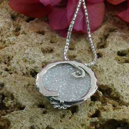 SPIRA White Agate Druzy Pendant Handmade 925 Sterling Silver Necklace