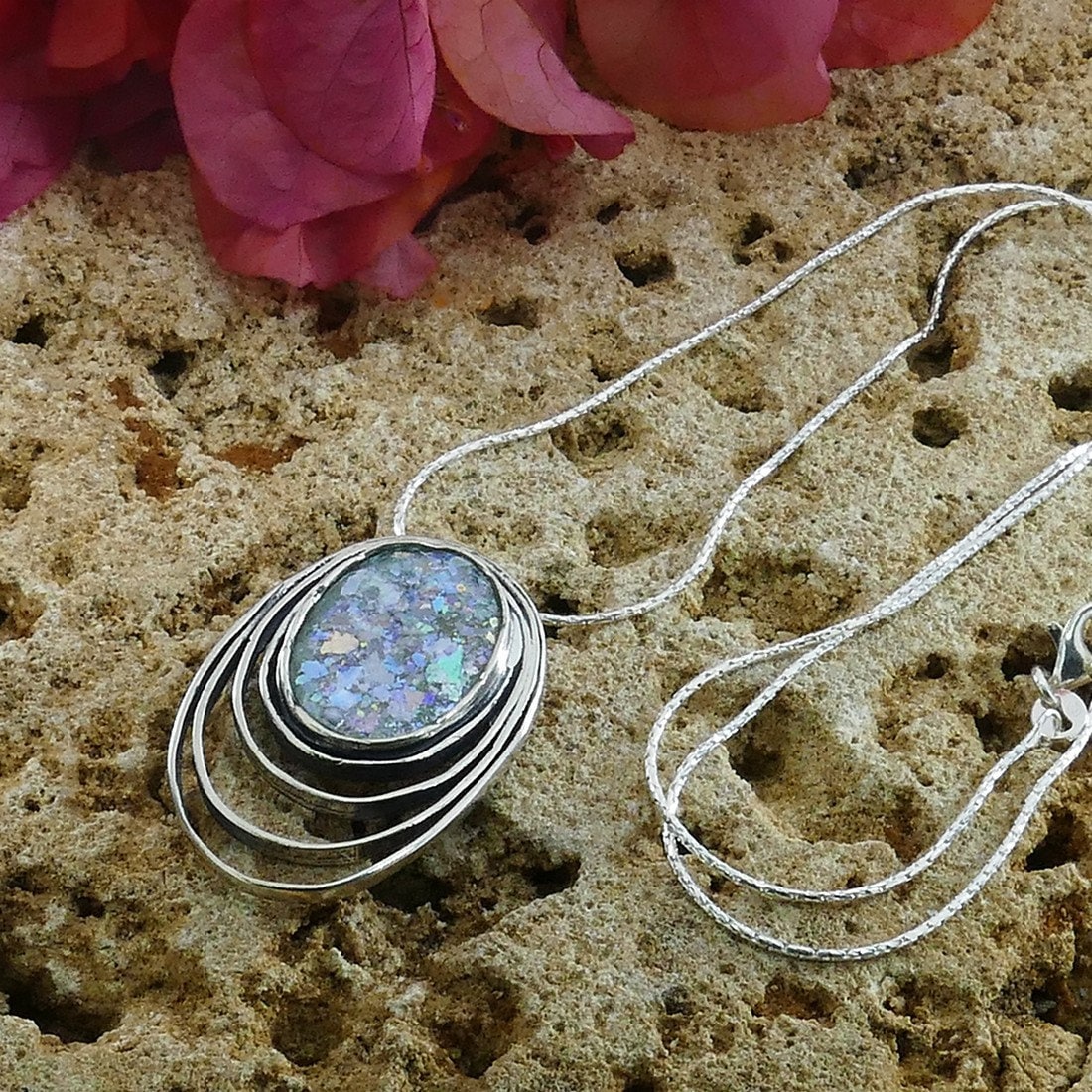 SPIRA Handcrafted 925 Sterling Silver Green Roman Glass Rope Pendant Chain Fast Shipping! Ancient Roman Glass Necklace Boho Chic Necklace