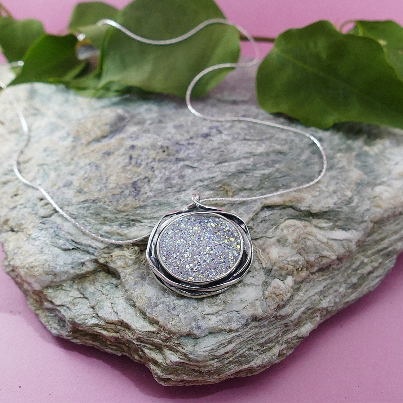 SPIRA Handcrafted 925 Sterling Silver White Agate Druzy Rope Pendant Chain Fast N Free Shipping! Druzy Stone Druzy Pendant Oxidized Necklace