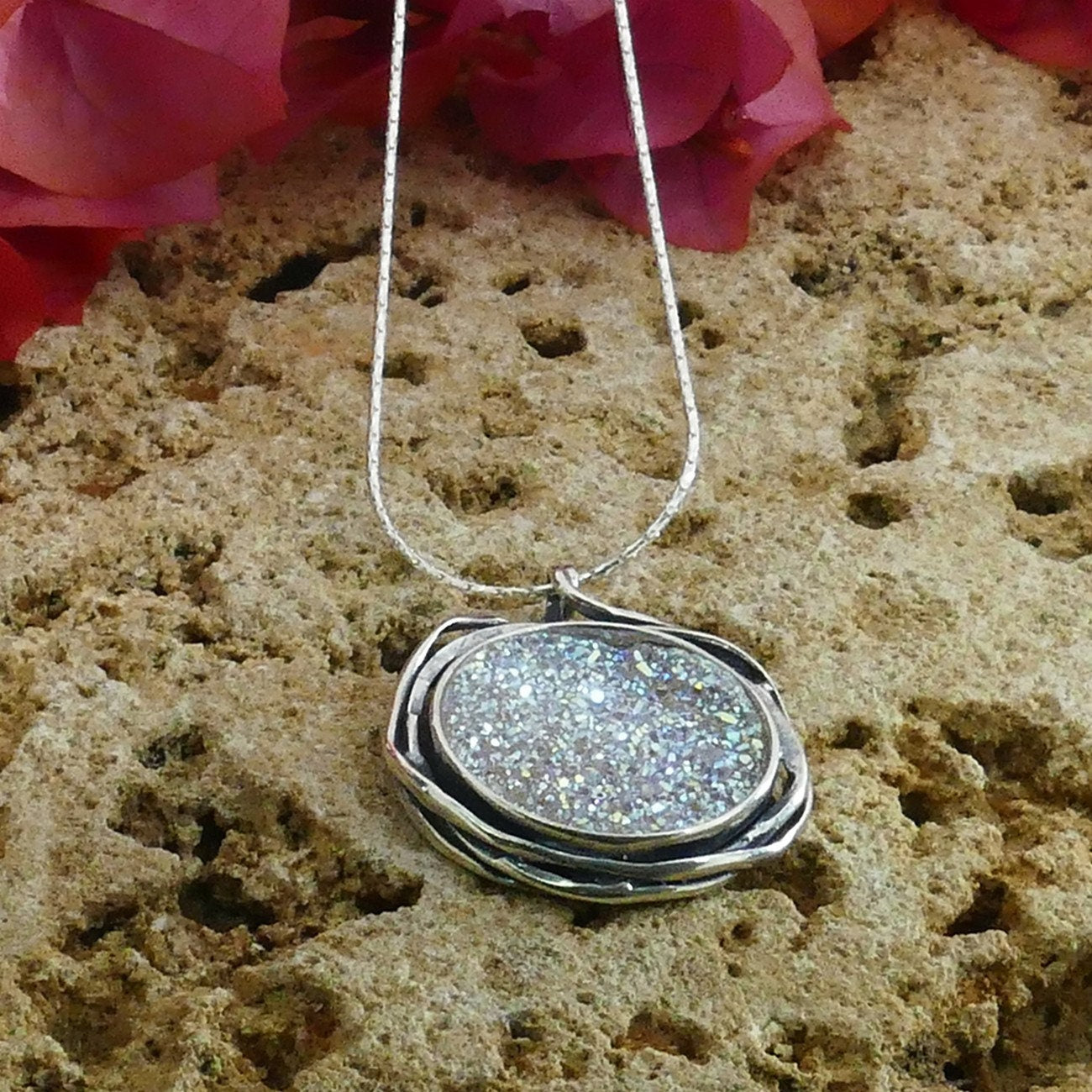 SPIRA Handcrafted 925 Sterling Silver White Agate Druzy Rope Pendant Chain Fast N Free Shipping! Druzy Stone Druzy Pendant Oxidized Necklace