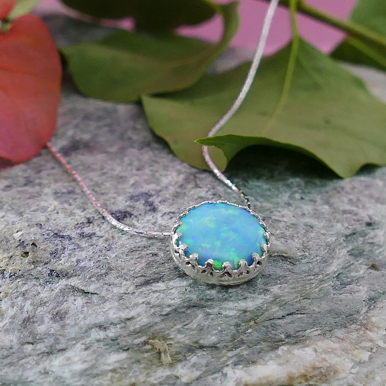 SPIRA Handcrafted 925 Sterling Silver Blue Opal Rope Pendant Chain Fast N Free Shipping,Gemstone Necklace Crown Bezel Set Boho Chic Necklace