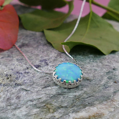 SPIRA Handcrafted 925 Sterling Silver Blue Opal Rope Pendant Chain Fast N Free Shipping,Gemstone Necklace Crown Bezel Set Boho Chic Necklace